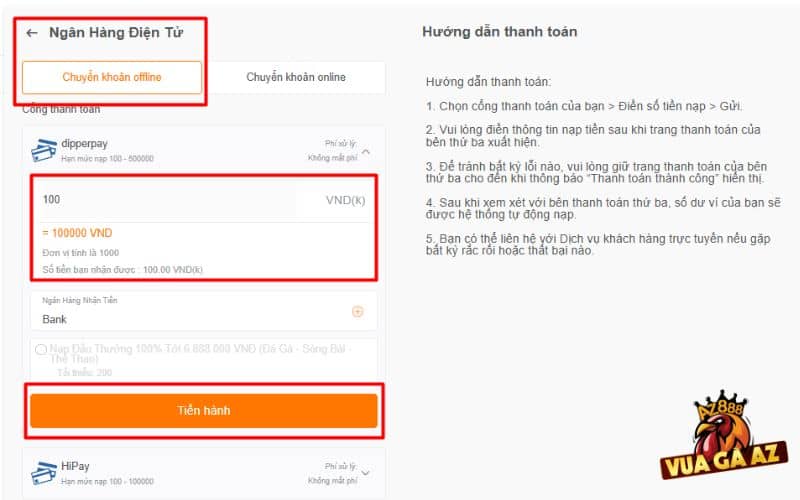 Chọn hình thức chuyển khoản offline và điền số tiền cần nạp