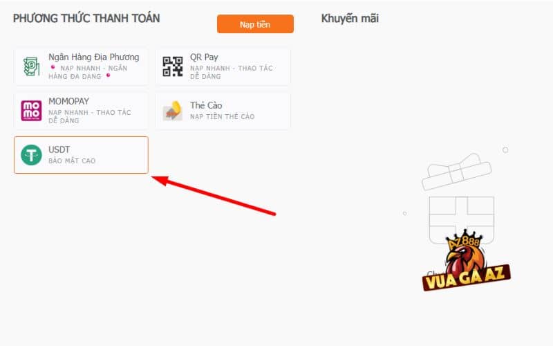 Chọn phương thức nạp tiền USDT